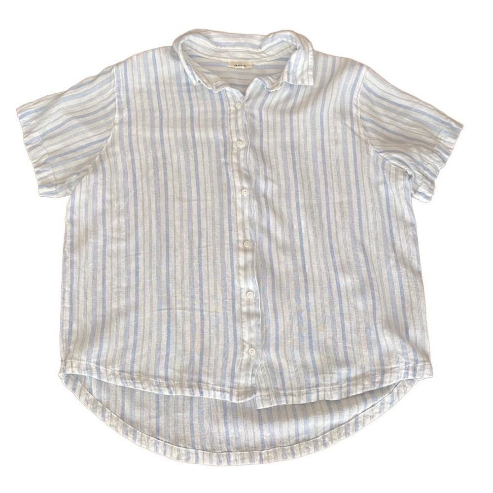 Ana Linen Blend Button Front Camp Shirt Short Sleeve Blue White Stripe Small
